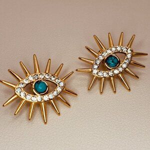 Free People Gold Evil Eye Talisman 🧿 Turquoise CZ Stud Statement Earrings